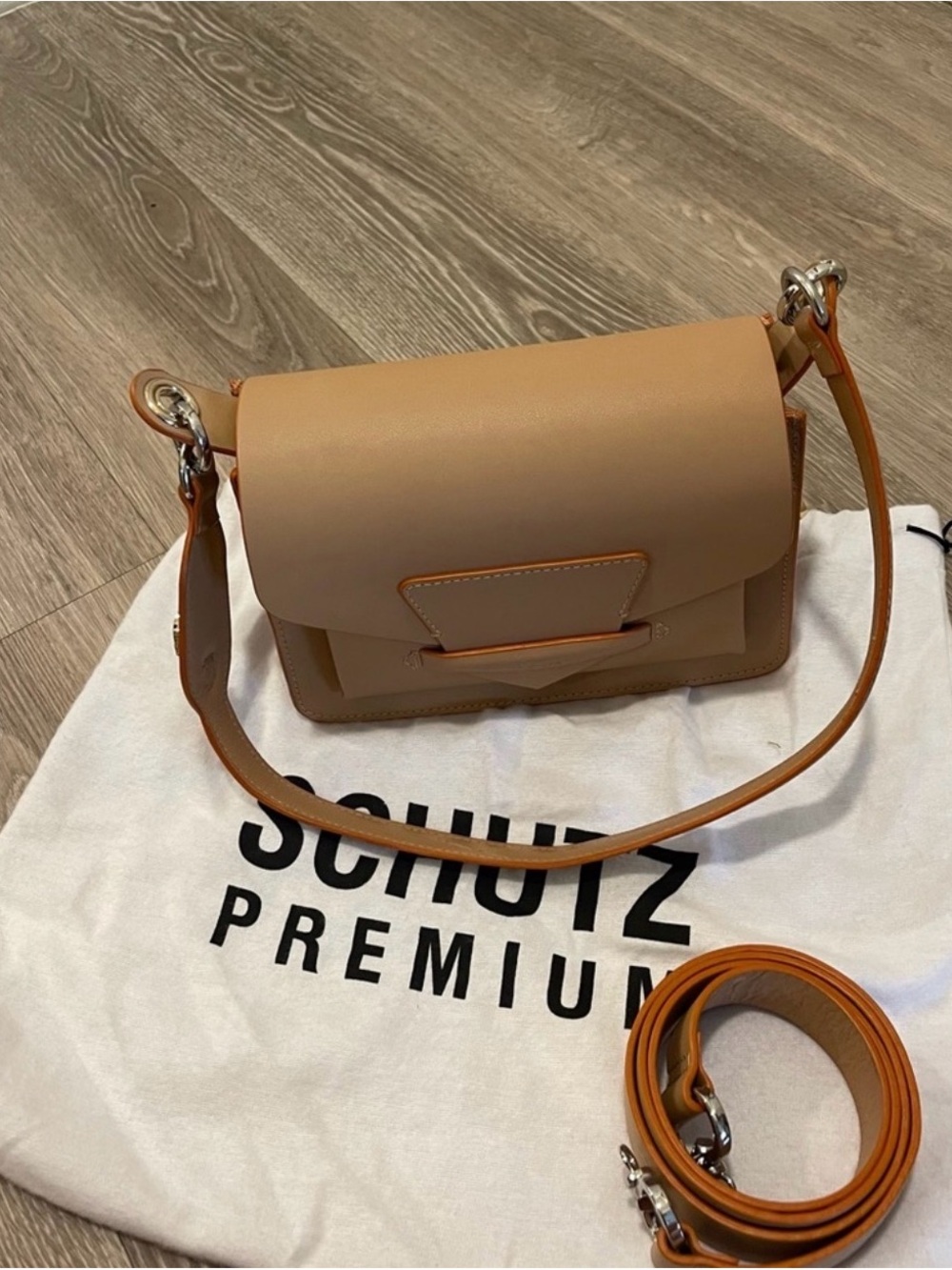 SCHUTZ Tan and Tan-Brown Leather Shoulder Bag